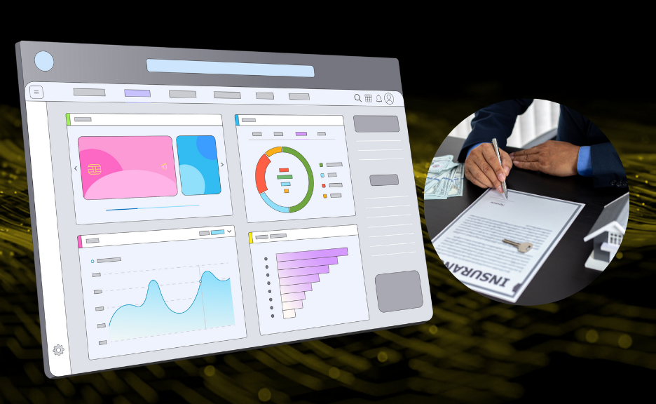 Illustration of AI-driven damage assessment,
															policy management, operational analytics, and agent performance analysis in insurance.