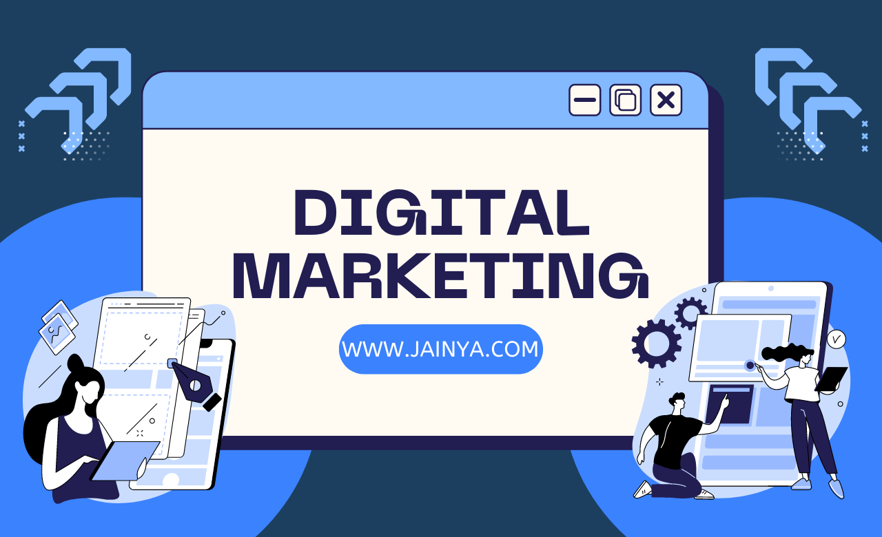 An illustration showcasing various aspects of digital marketing, including social media, SEO, email campaigns, and online advertising.