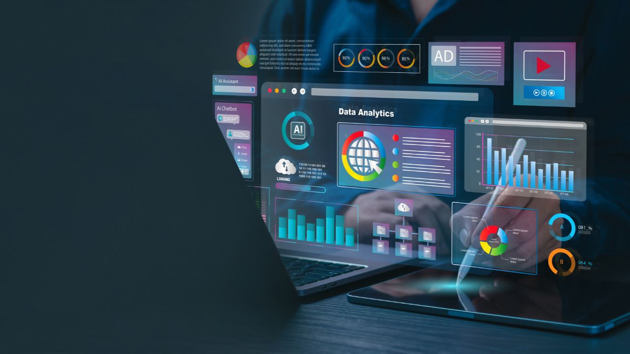 Visual representation of data analytics concepts such as data collection, analysis, and visualization.